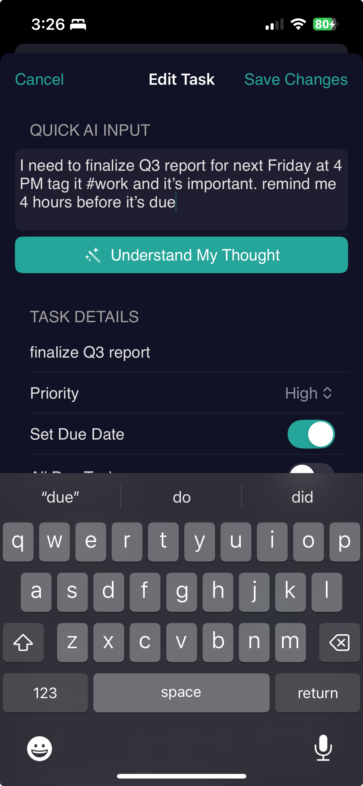 Creating a task with natural language in the tudu AI app